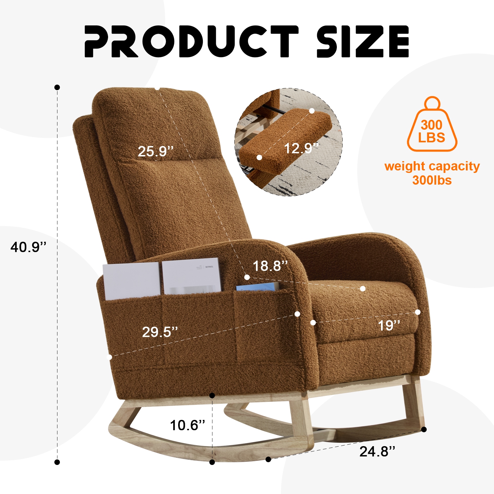 Modern Accent Rocking Chair Rocking Chair With Solid Wood Legs, Upholstered Nursery Glider Rocker, Comfy Armchair With Side Pocket, Living Room Lounge Arm Chair With High Backrest (Brown,teddy)_voghion.com